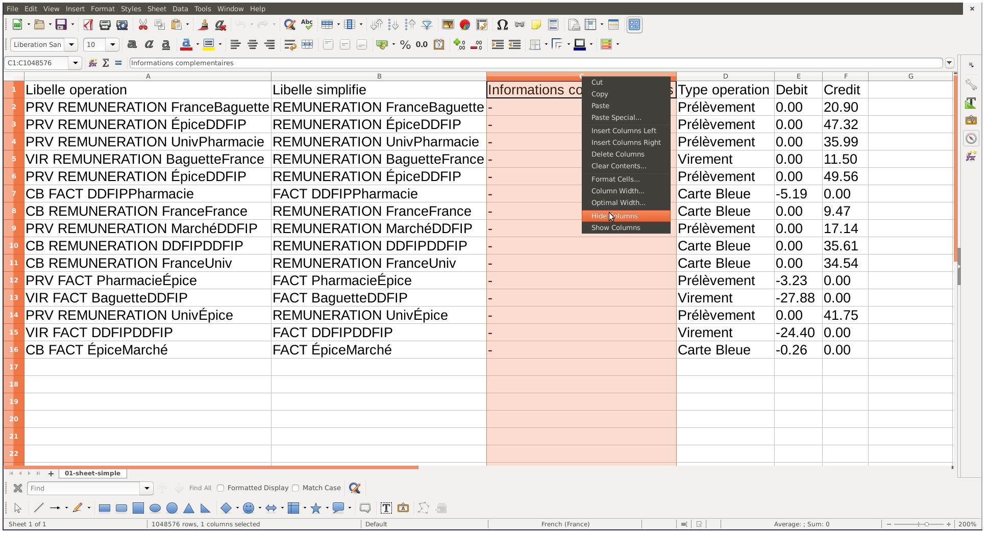 Supression des colonnes inutiles