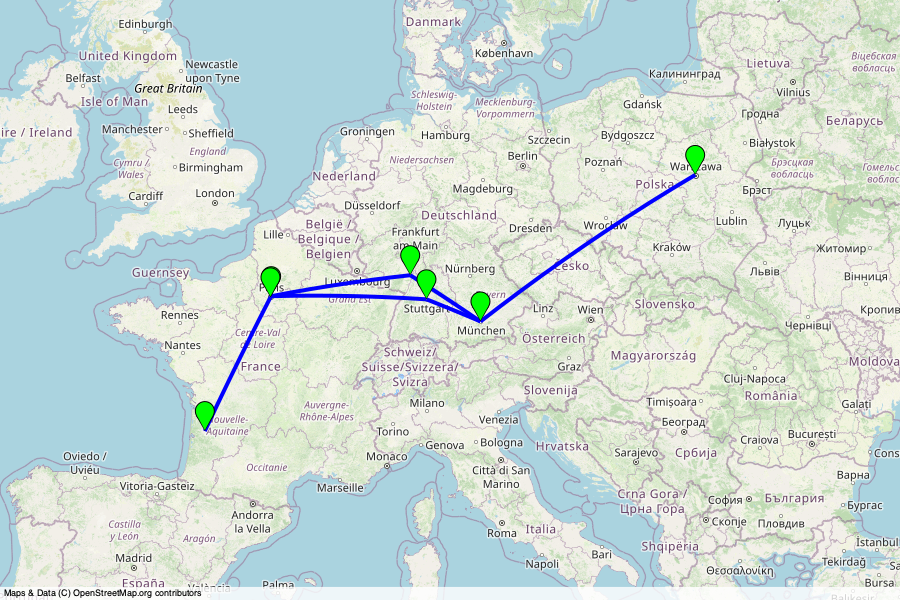 Une carte de l’europe allant de la France jusqu’à la Pologne où les villes de Varsovie, Munich, Stuttgart, Mannheim Paris et Bordeaux sont distinguées par des indicateurs verts. Les trajets entre ces villes en train sont des lignes droites bleues traçant une constellation. Generated Map